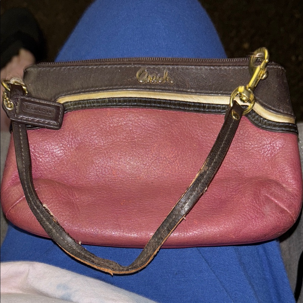 Coach Red And Brown Leather Wristlet